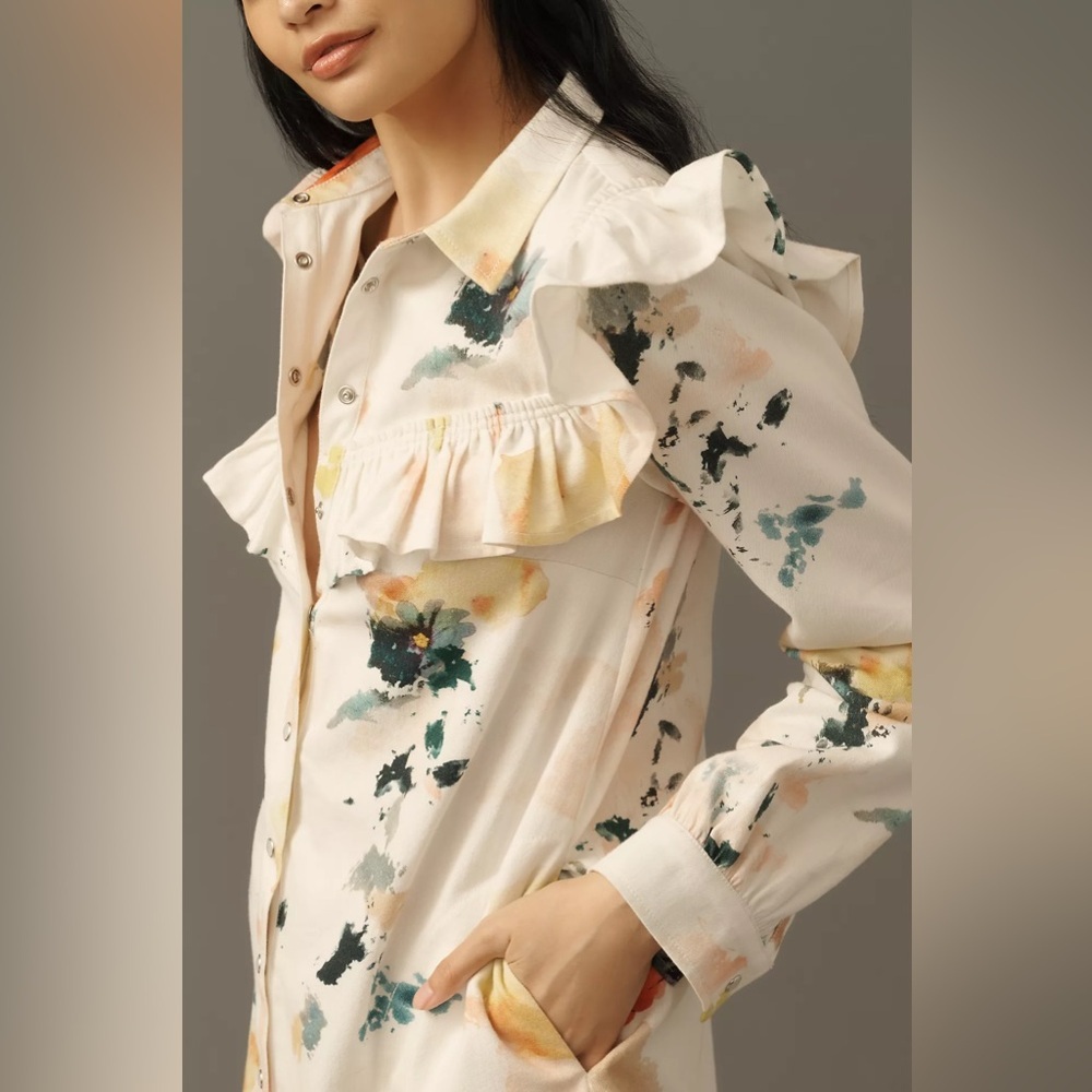 NWT Anthropologie Pilcro Small Long-Sleeve Ruffled Denim Mini Shirt Dress - Picture 7 of 13